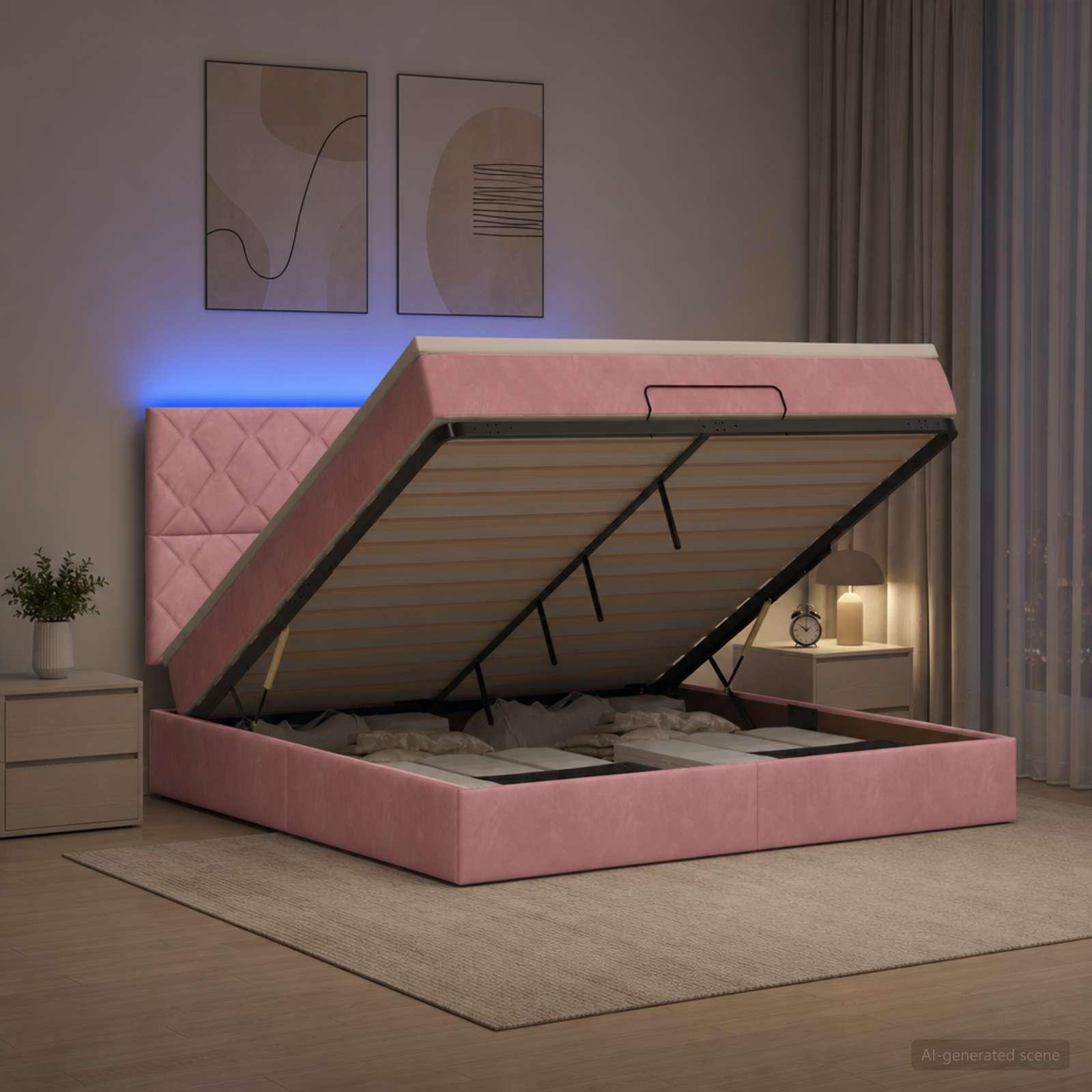 Ottoman seng med madras og LED lyserød 140 x 190 cm fløjl