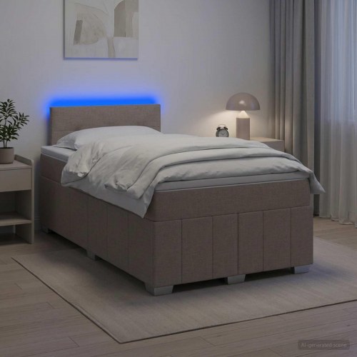 Boksmadras seng med topmadras og LED gråbrun 120 x 190 cm stof