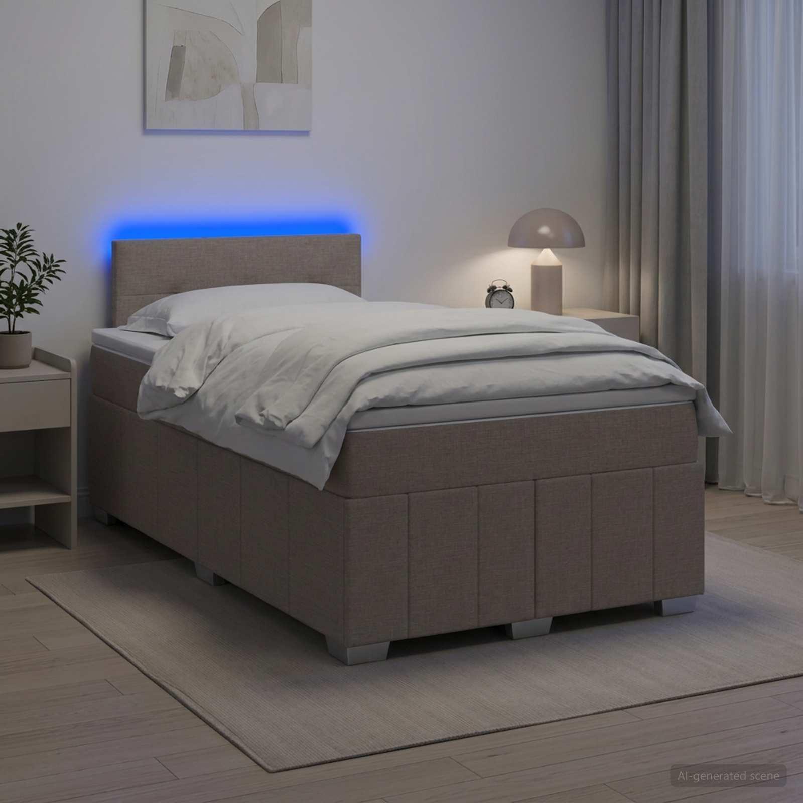 Boksmadras seng med topmadras og LED gråbrun 120 x 190 cm stof