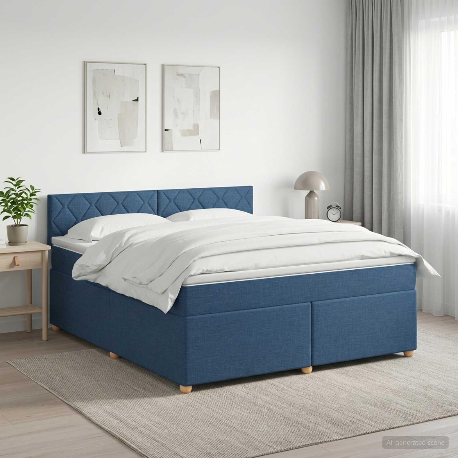 Kontinentalseng med topmadras og hovedgærde 180 x 200 cm blå stof