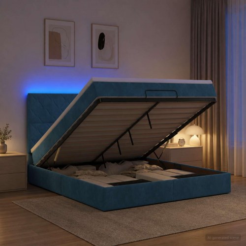 Ottoman seng med madras og LED 140 x 190 cm i mørkeblå fløjl
