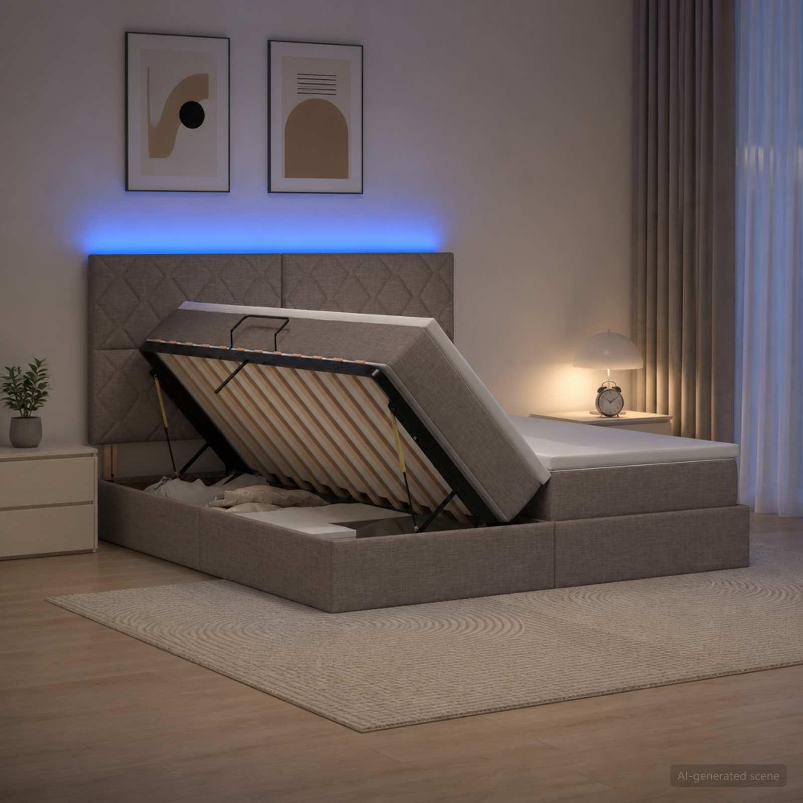 LED opbevaringsseng med madras 180 x 200 cm gråbrun stof