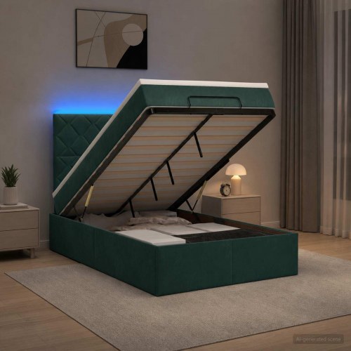 Ottoman seng med madras og LED 120 x 200 cm i mørkegrøn fløjl