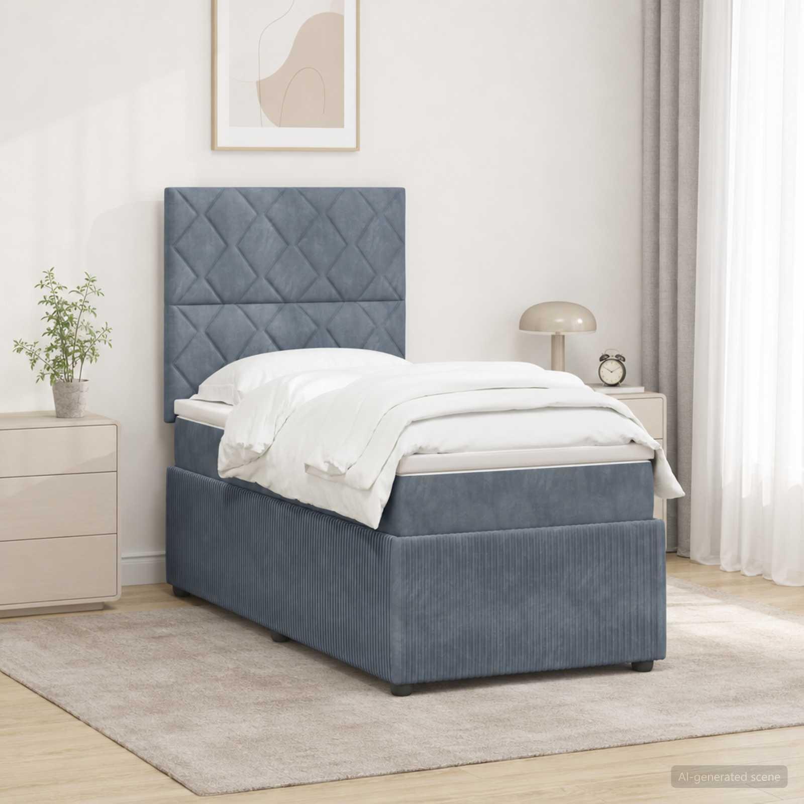 LED boksmadrasseng med madras 90 x 190 cm i mørkegrå fløjl