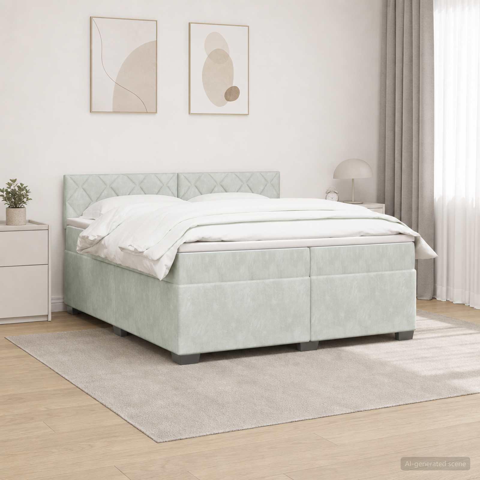 Kontinentalseng med madras og LED lysegrå 200 x 200 cm velour