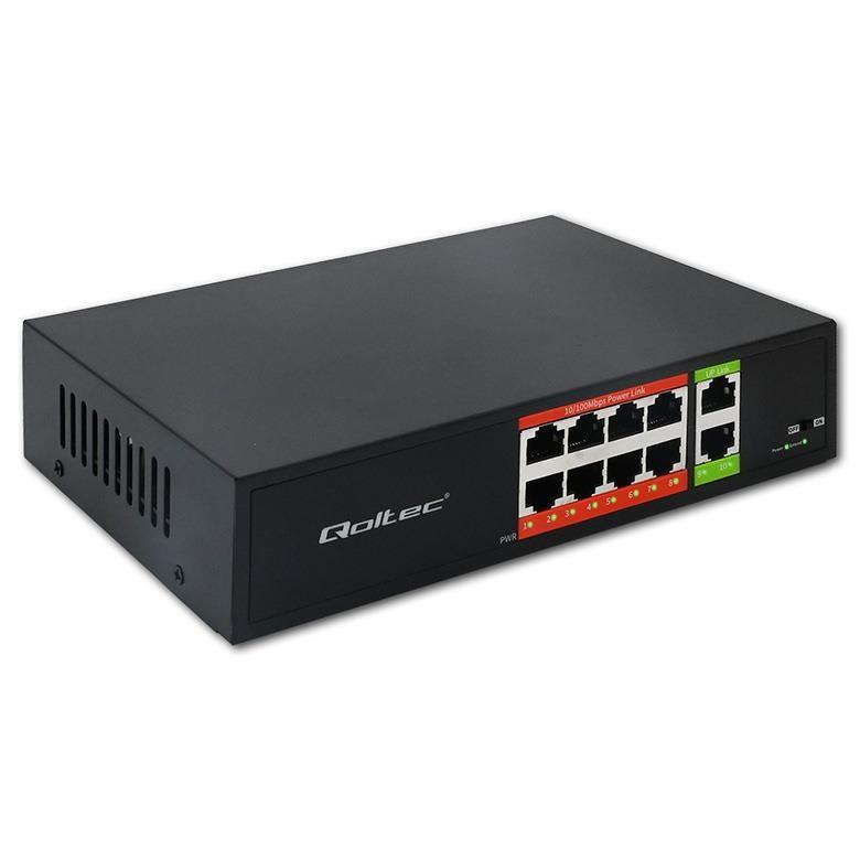 Netværksswitch Qoltec Fast Ethernet PoE - 8x RJ45, 2x RJ45 uplink