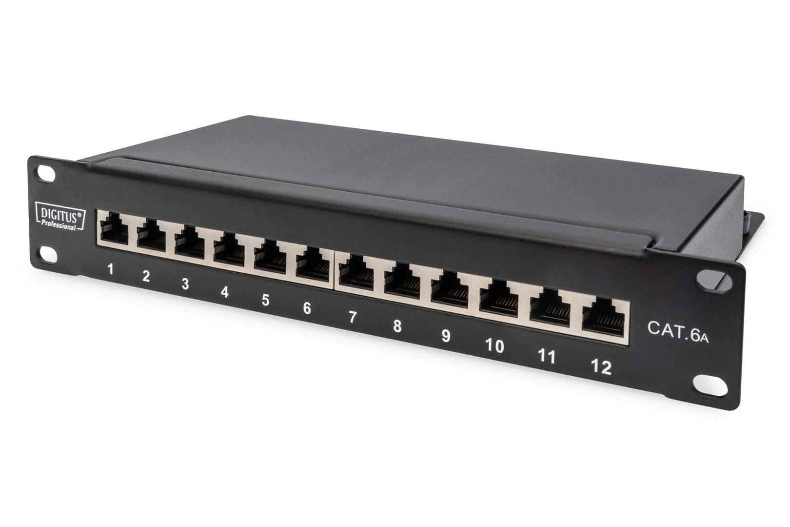 DIGITUS DN-91612S-EA - Patch-panel - stativmonterbar - CAT 6a - STP - RJ-45 X 12 - sort, RAL 9005 - 1U - 10