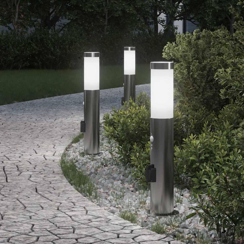 Pullertlamper med sensor og stikkontakt 3 stk. 50 cm rustfrit stål IP44