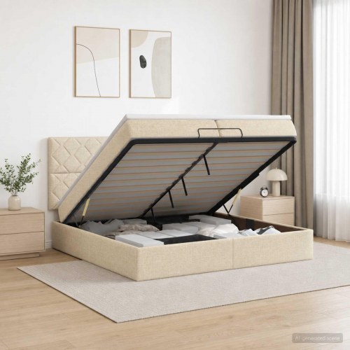 Ottoman seng med madras og LED 200 x 200 cm - cremefarvet stof