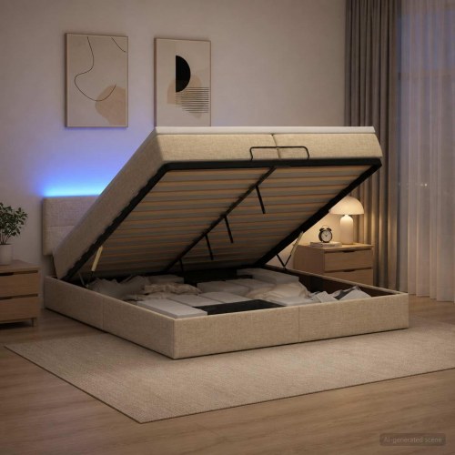 Ottoman seng med madras og LED cremefarvet 200 x 200 cm stof