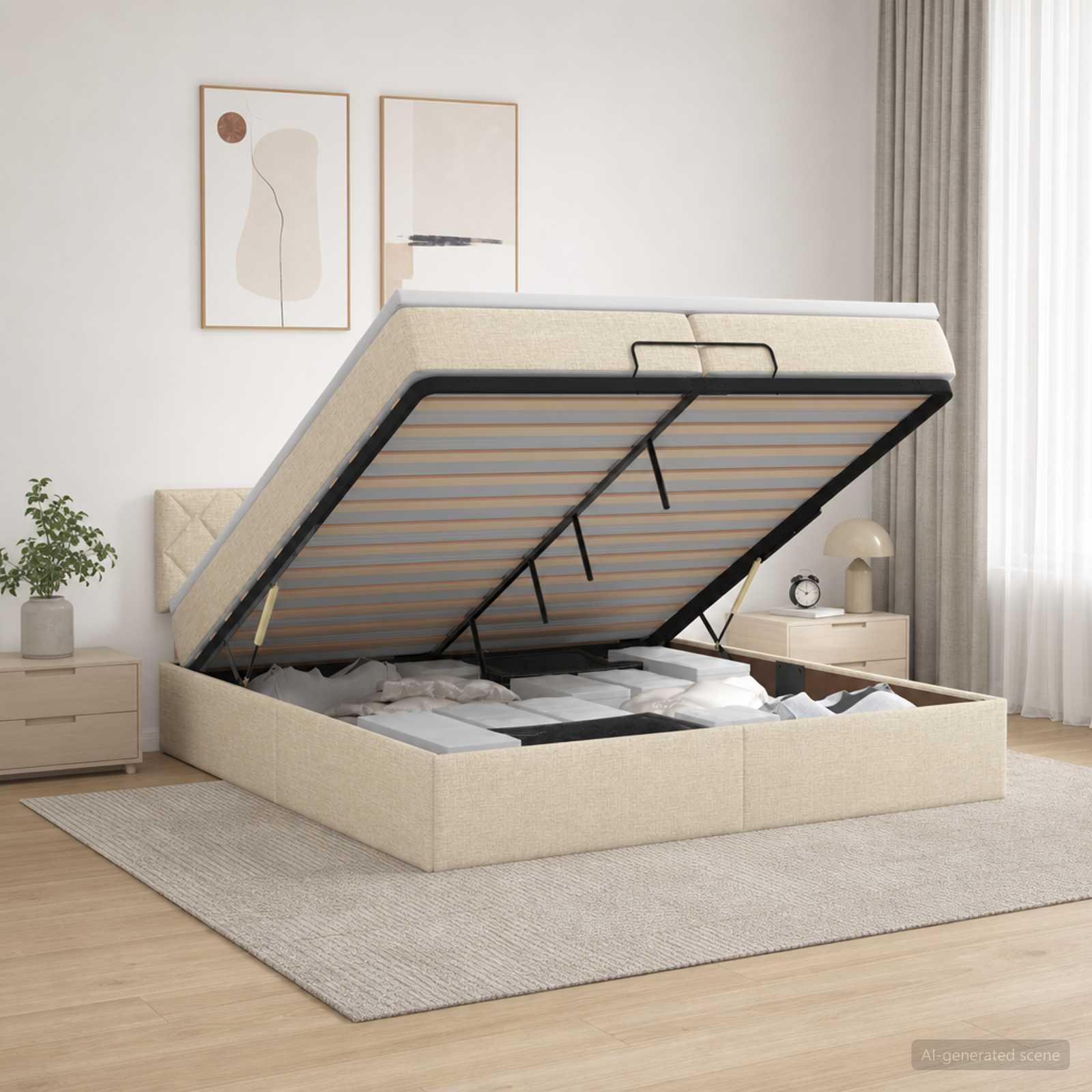 Ottoman seng med opbevaring og madras 200 x 200 cm cremefarvet stof