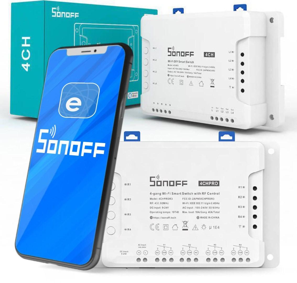 Sonoff 4CHPROR3, Intelligent kontakt, Trådløs, 2483 MHz, Hvid, WPA, WPA2, 120 - 240 V