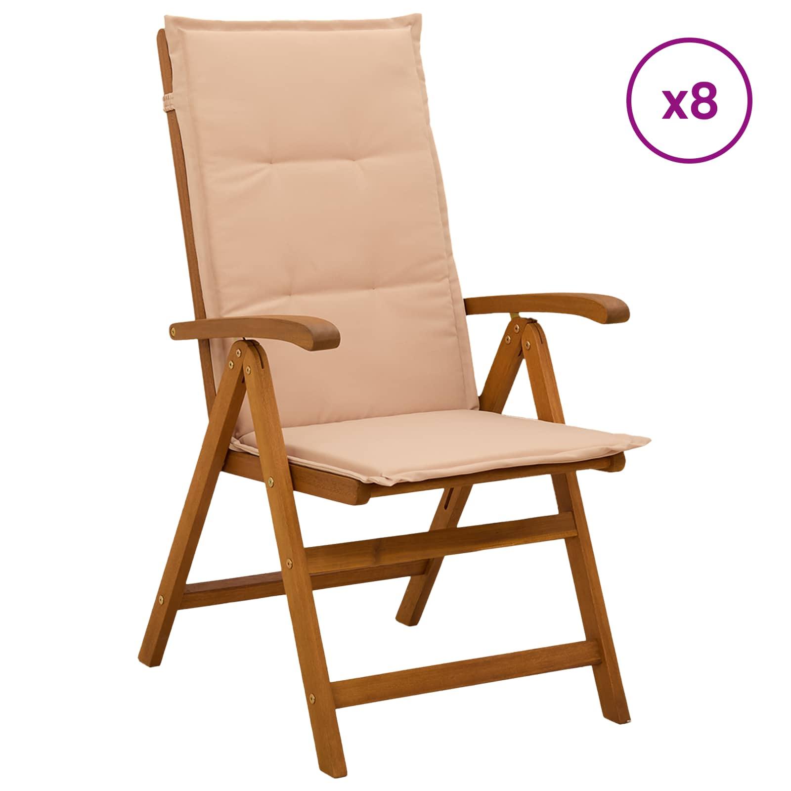 Lænestole til haven 8 stk. i massivt akacietræ med beige hynder, naturfarvet