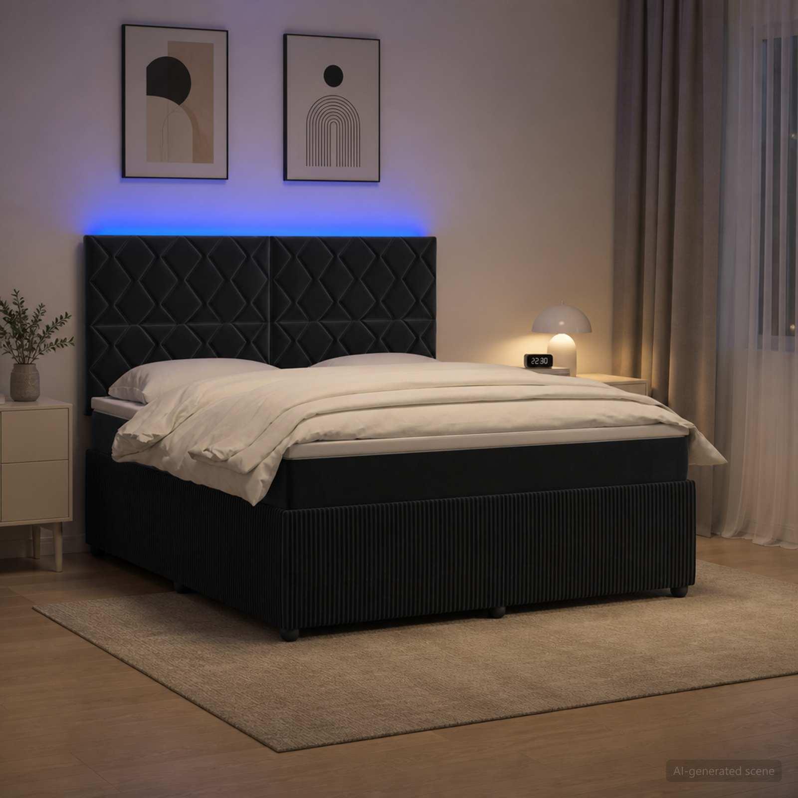 LED boksmadrasseng med madras og opbevaring 180 x 200 cm - sort fløjl