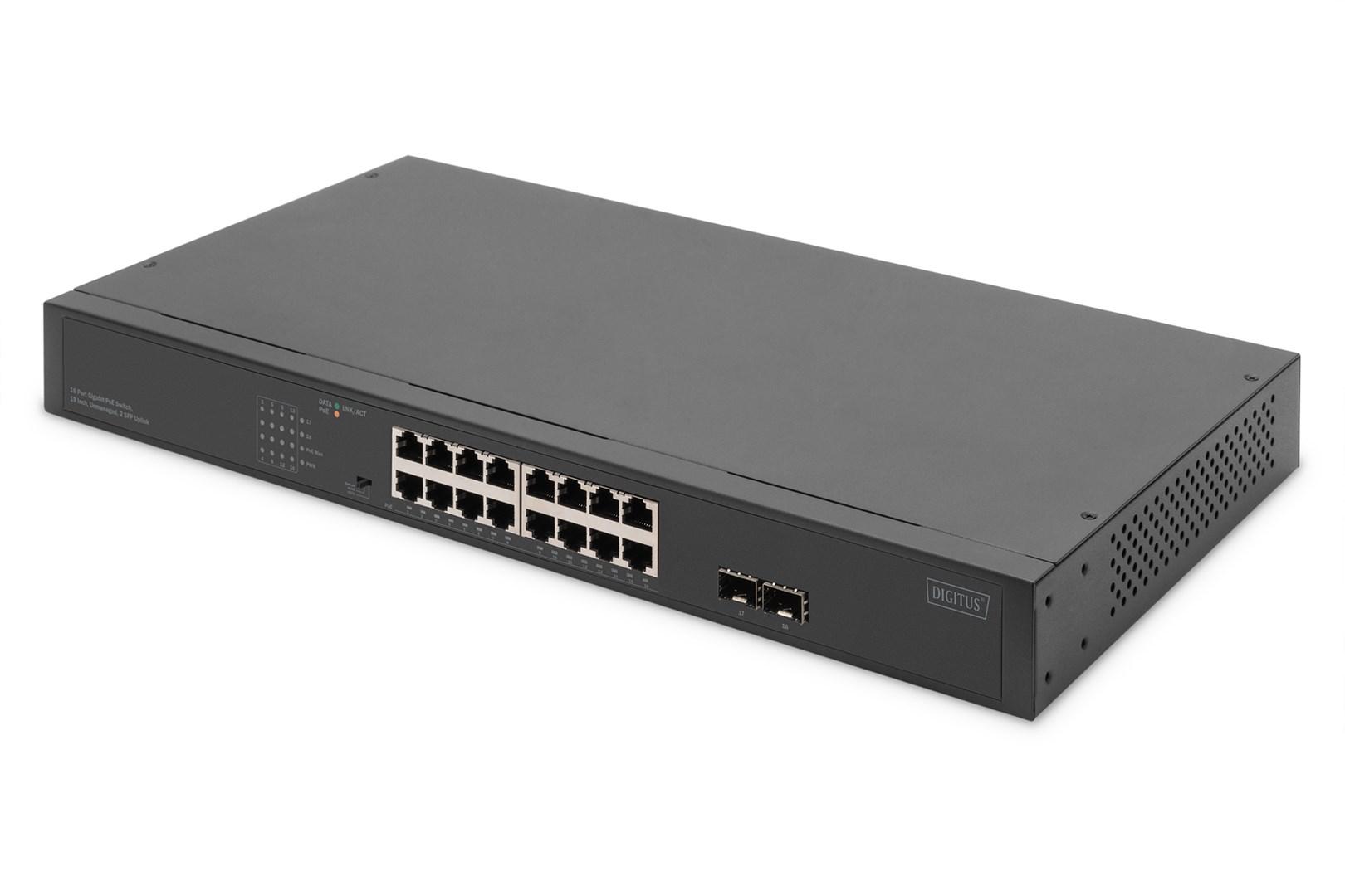 DIGITUS 16-port gigabit netværksswitch 19 tommer unmanaged med 2 SFP uplink-porte og PoE