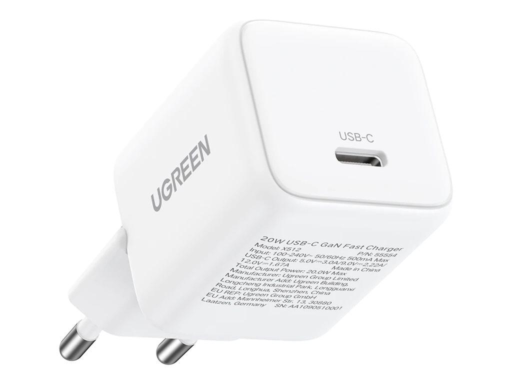 Ugreen 20 W USB-C GaN hurtigoplader med EU-stik - hvid strømforsyningsadapter til mobil og tablet