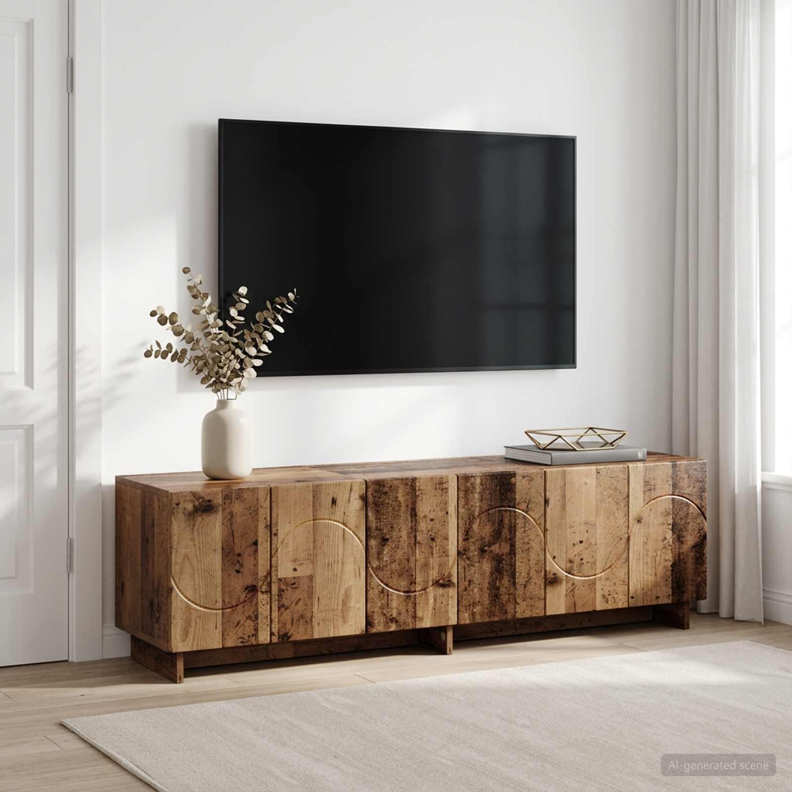 TV-bord 140 x 34,5 x 40 cm i gammelt træ look med 6 låger