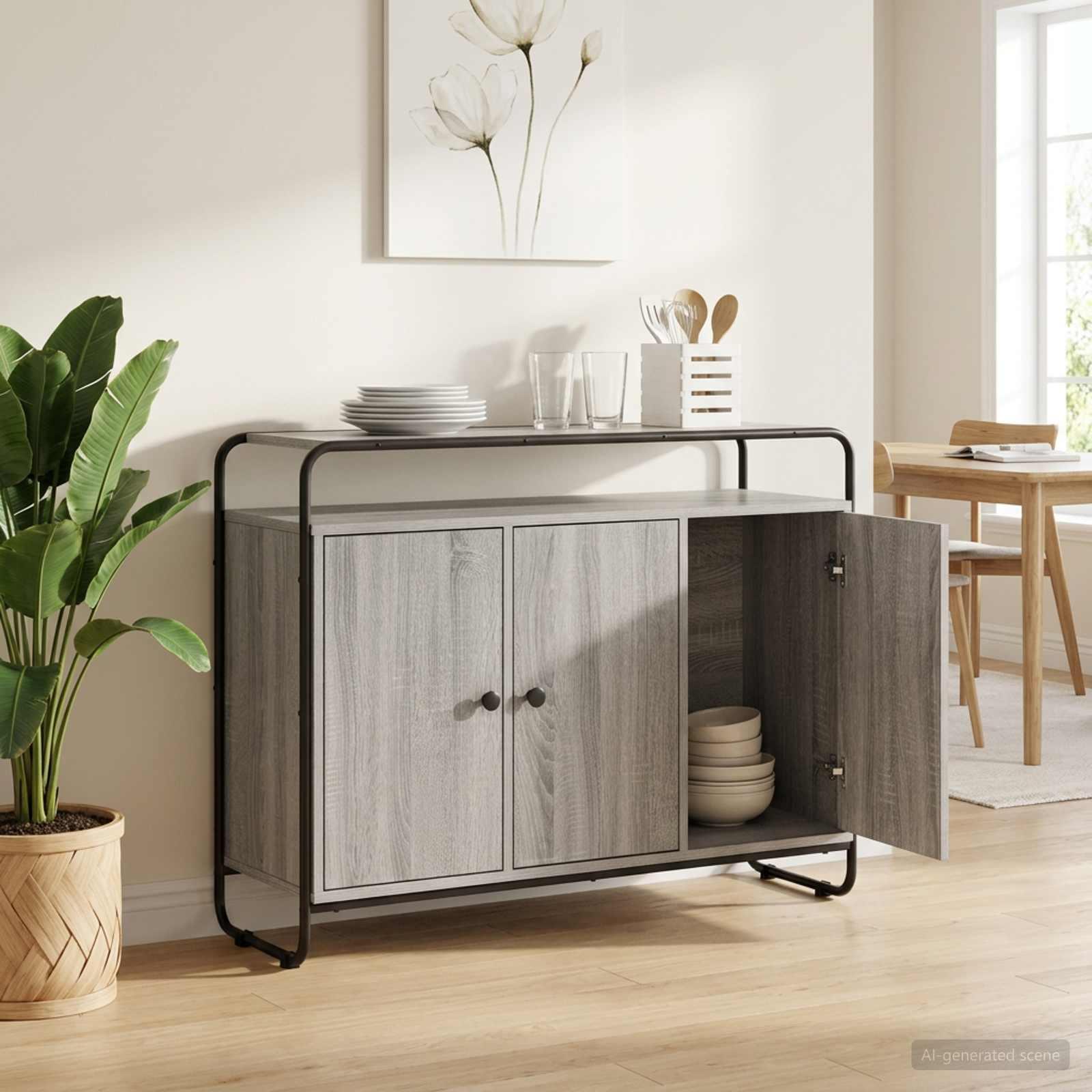 Skænk i grå Sonoma 102 x 35 x 75 cm med 3 låger og åben hylde