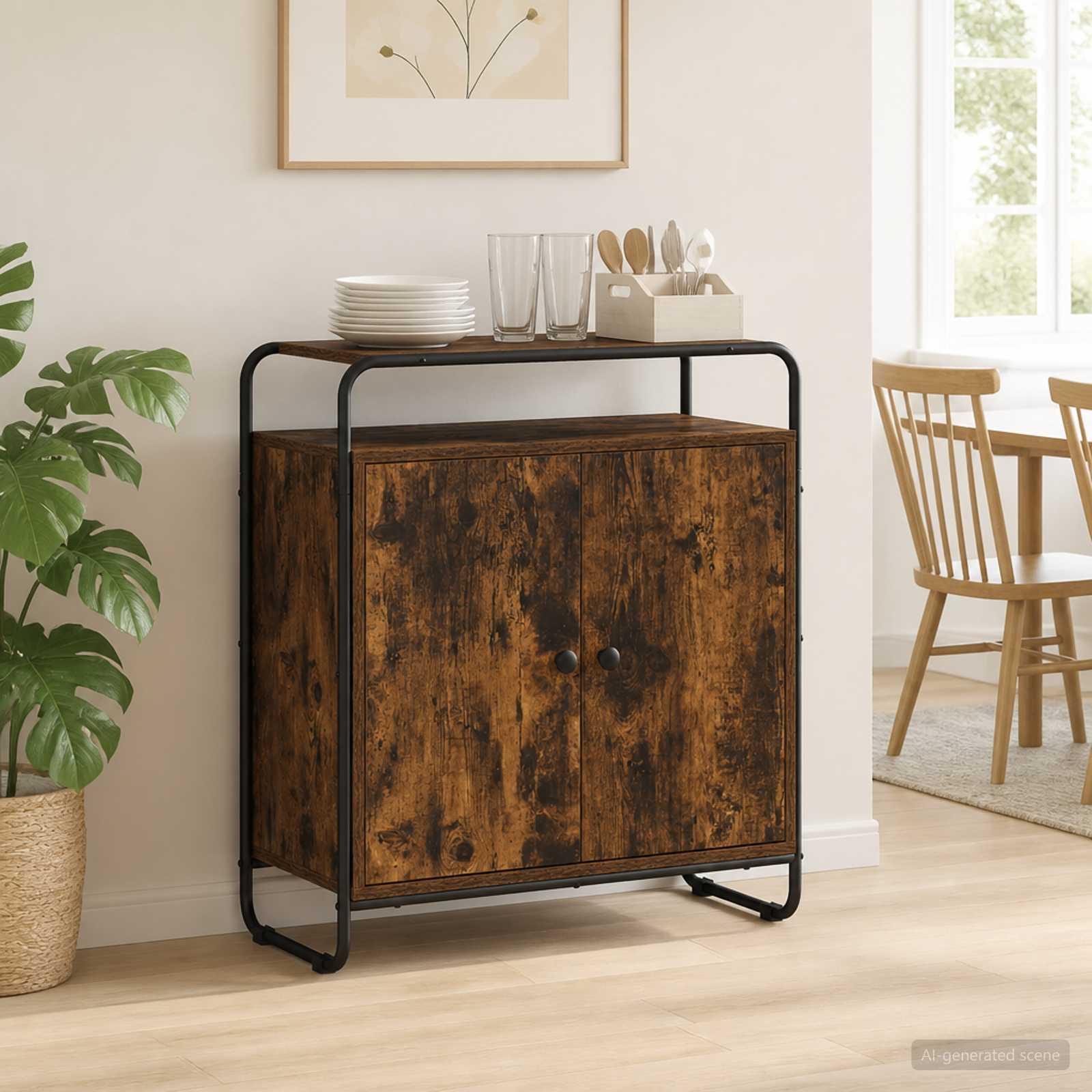 Skænk i røget eg 68 x 35 x 75 cm med 2 låger og åben hylde
