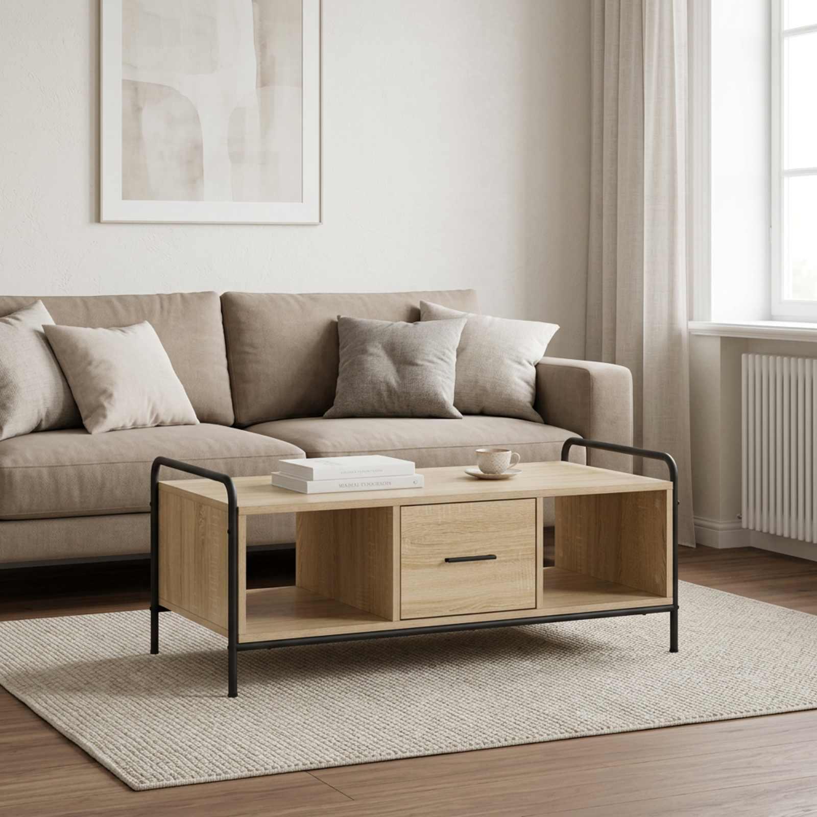 Sofabord i sonoma-eg med skuffe 99,5 x 49 x 41 cm
