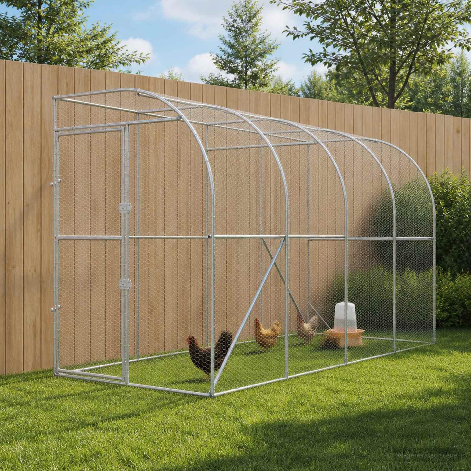 Hønsehus mod væg 600 x 150 x 215 cm i sølv galvaniseret stål
