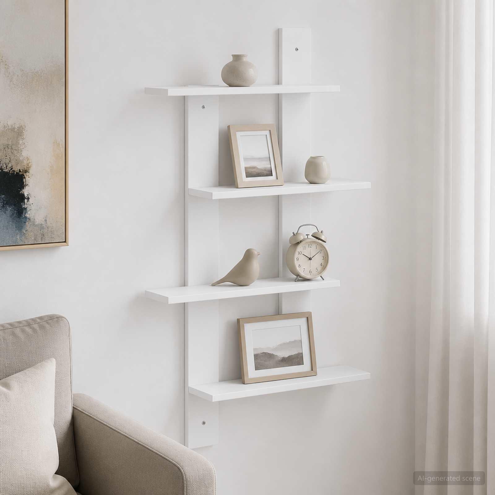 Væghylde i hvid 61 x 13,5 x 105 cm med 4 hylder i konstrueret træ