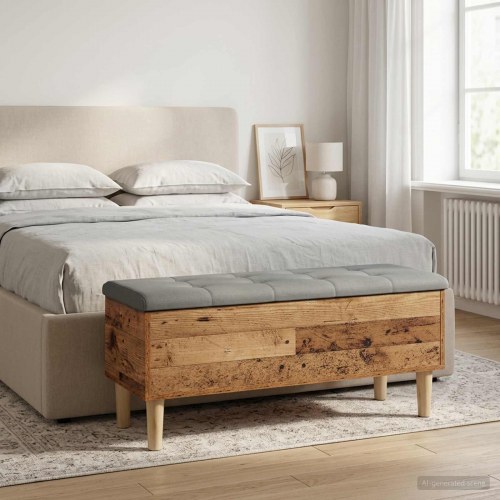 Opbevaringsbænk med pude i gammelt træ 102 x 42 x 46 cm
