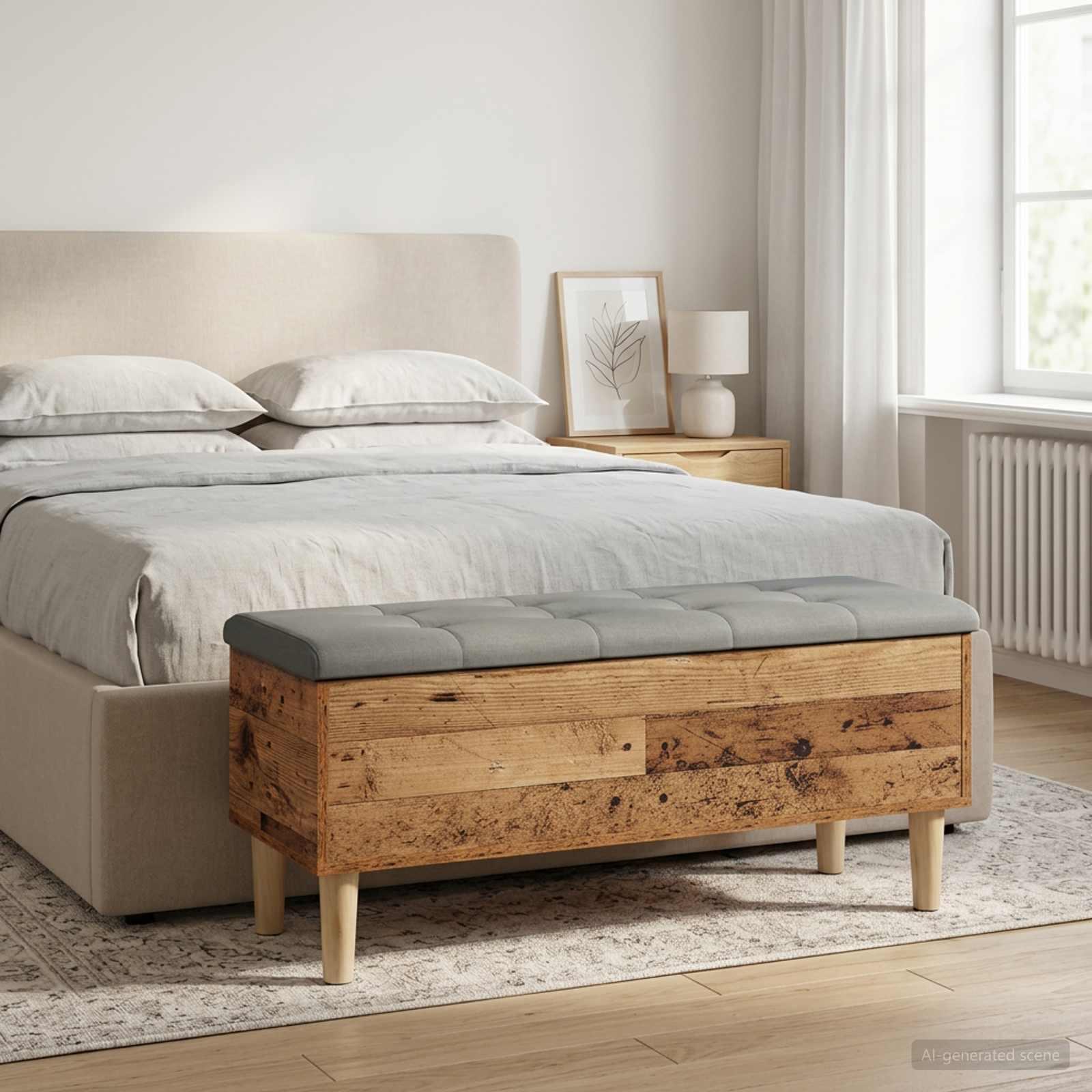 Opbevaringsbænk med pude i gammelt træ 102 x 42 x 46 cm