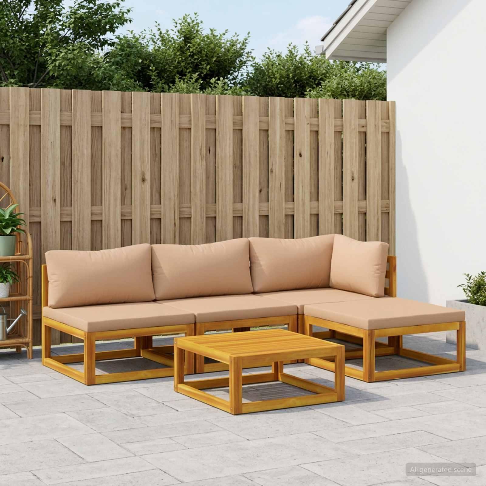 Sofa sæt 5 stk. i naturfarvet massivt akacietræ med beige hynder
