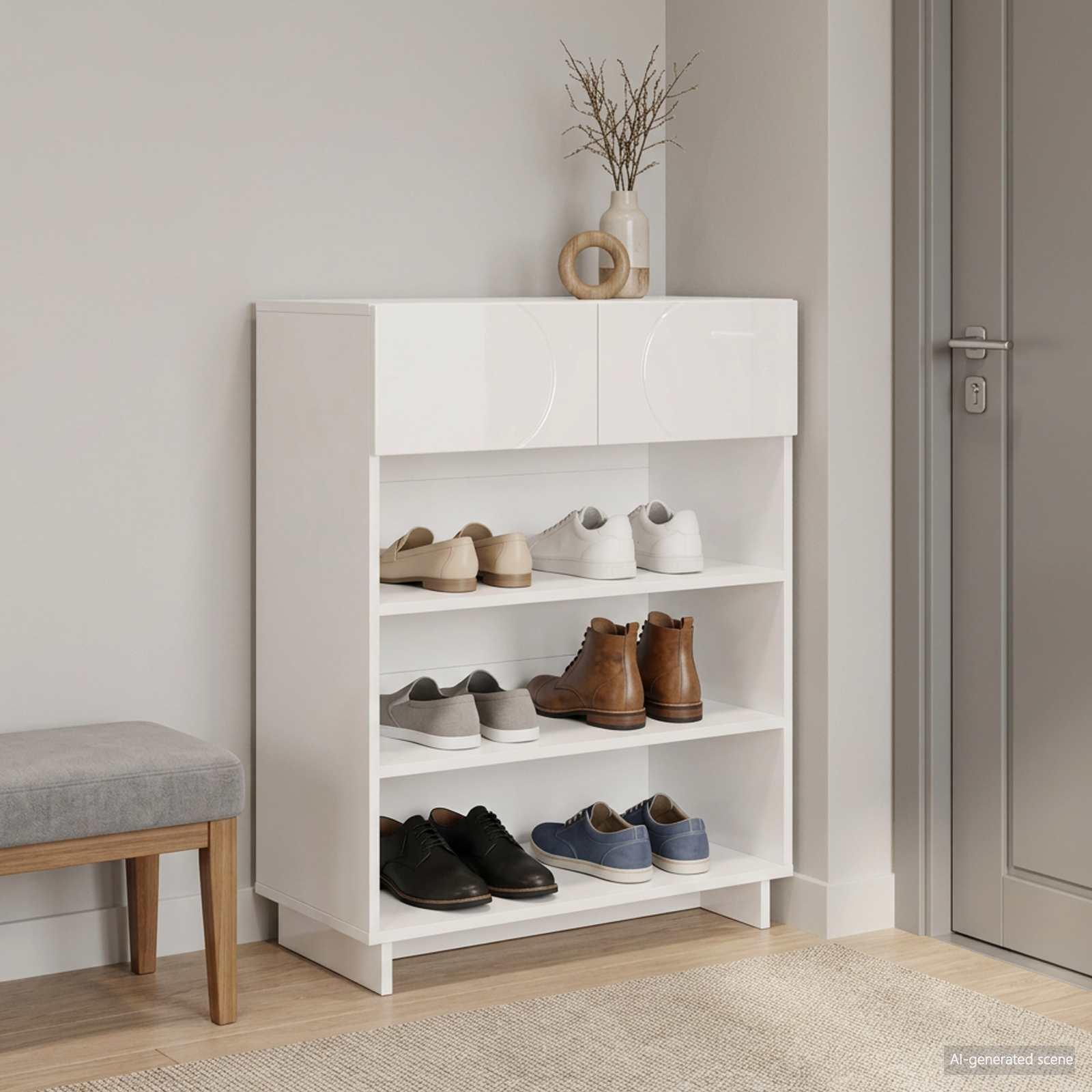 Skoskab med skuffer 73 x 38 x 87,5 cm i konstrueret træ - hvid højglans