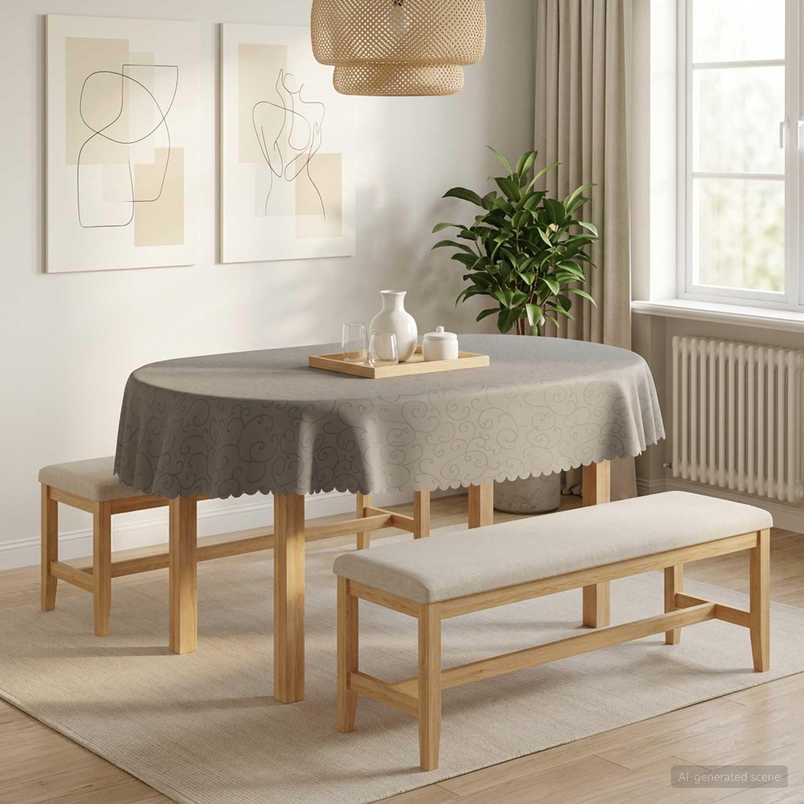 Bordklæde oval lysegrå 160 x 220 cm med jacquardmønster