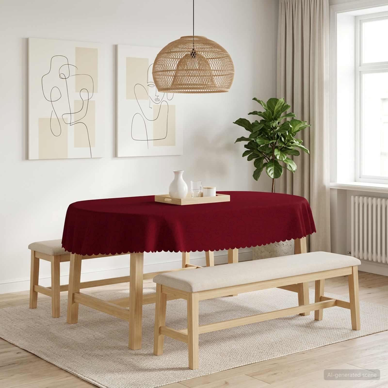 Oval borddug vinrød 130 x 220 cm med jacquardmønster