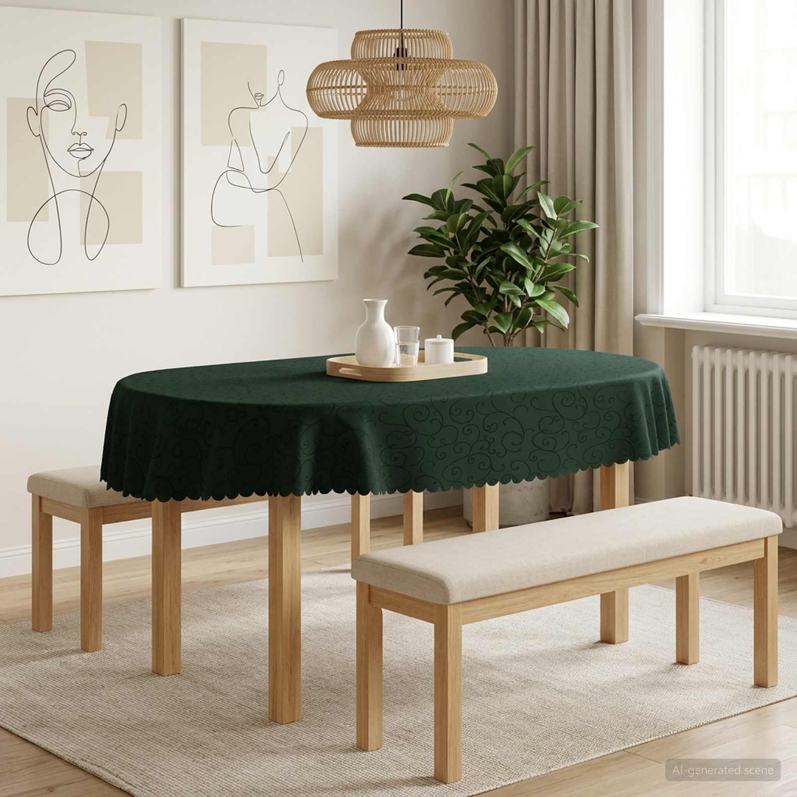 Bordklæde oval mørkegrøn 130 x 220 cm med jacquardmønster