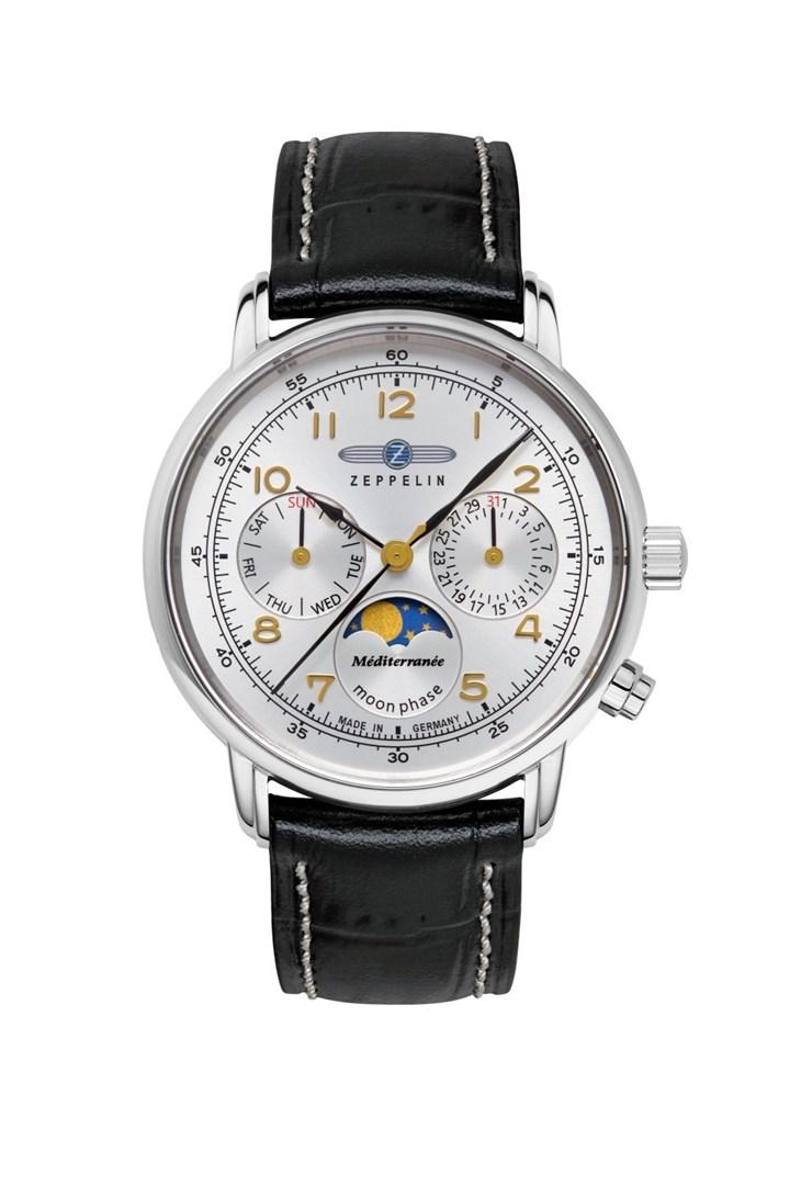 Zeppelin Mediterranee 96371 36 mm armbåndsur med månefase - hvid skive og sort rem
