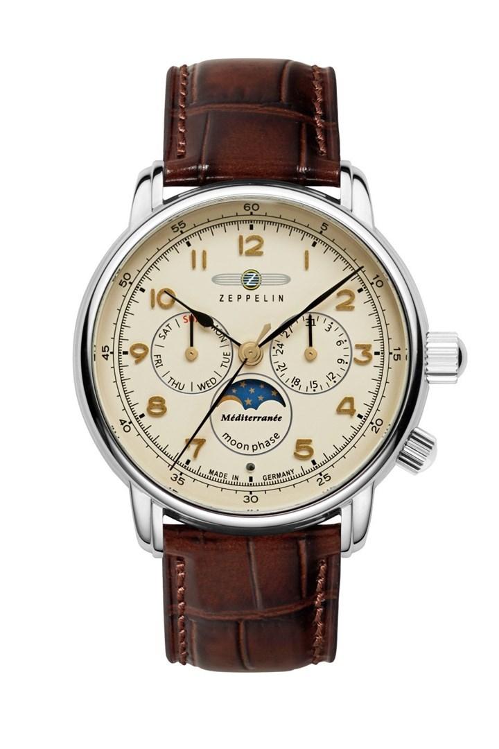 Zeppelin Mediterranee 96365_SET 42 mm armbåndsur med månefase, dagvisning og brun rem