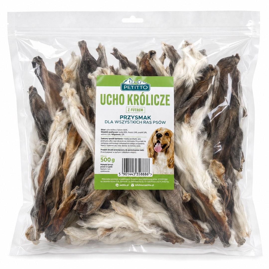 PETITTO Kaninører med pels Mono hundegodbid - tyggegodbid til voksne hunde, 500 g