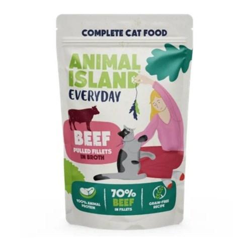 ANIMAL ISLAND Everyday oksekød pulled fillets i bouillon vådfoder til kat - 85 g