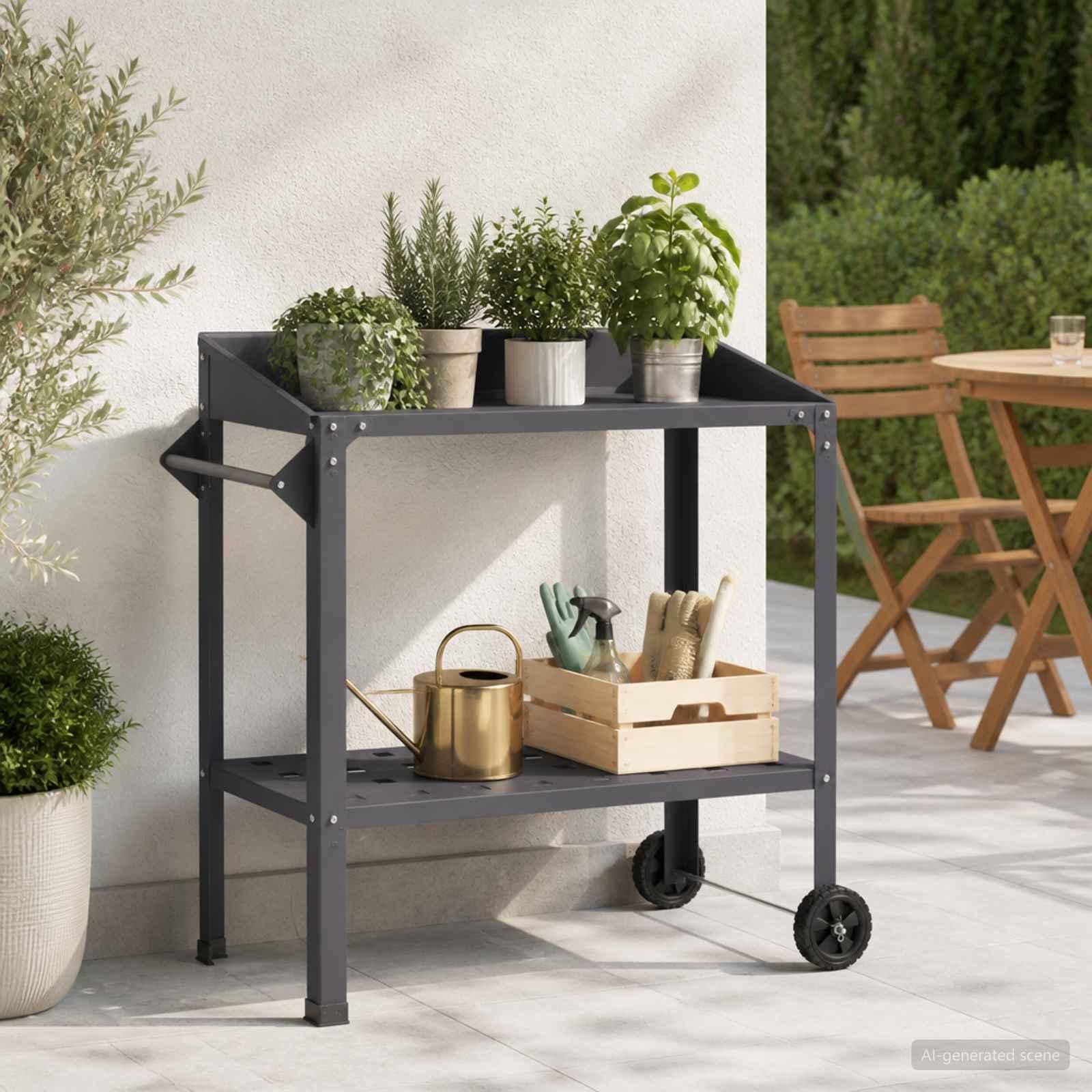 vidaXL Pottebord med hjul 96 x 50 x 89 cm Koldvalset stål Sort