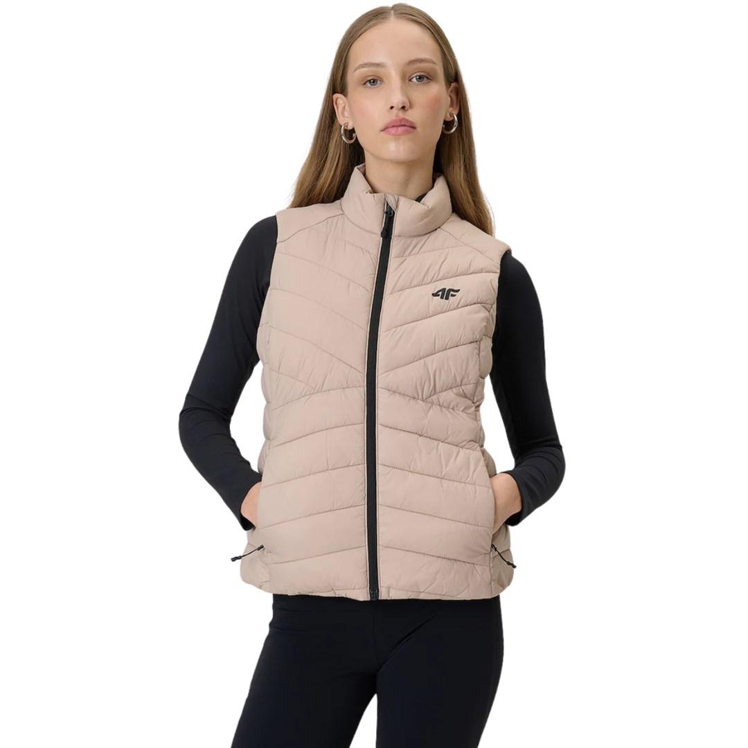 4F damevest F347 - beige, quiltet vest med lynlås og høj krave, str. XL