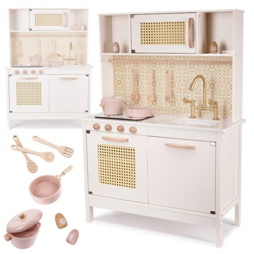 Legekøkken i træ med retro look og boho tilbehør - MDF, lys og lyd (OUTLET A)