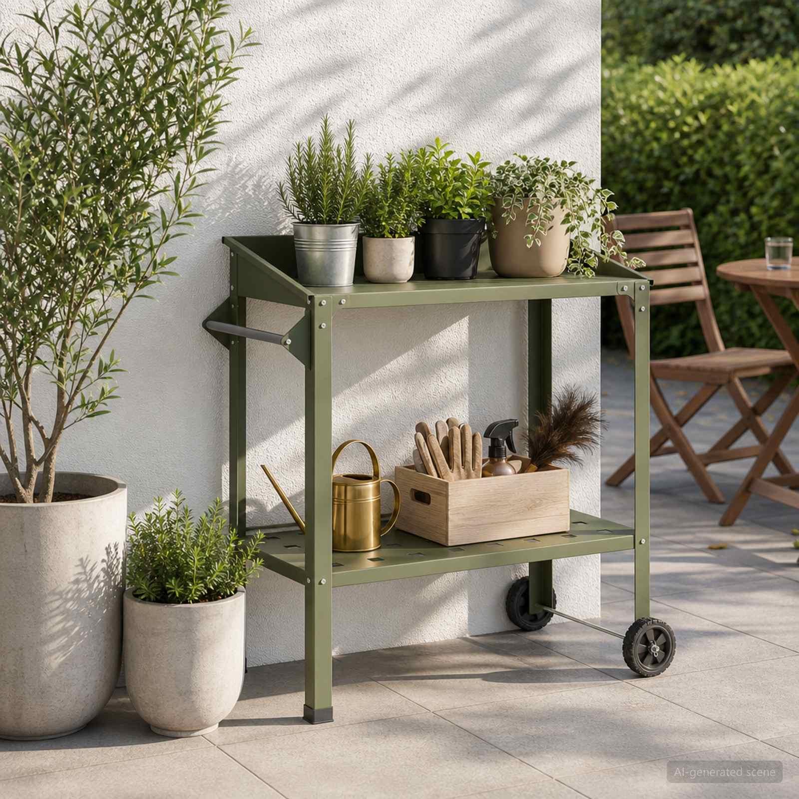 vidaXL Pottebord med hjul 96 x 50 x 89 cm Koldvalset stål Olivengrøn