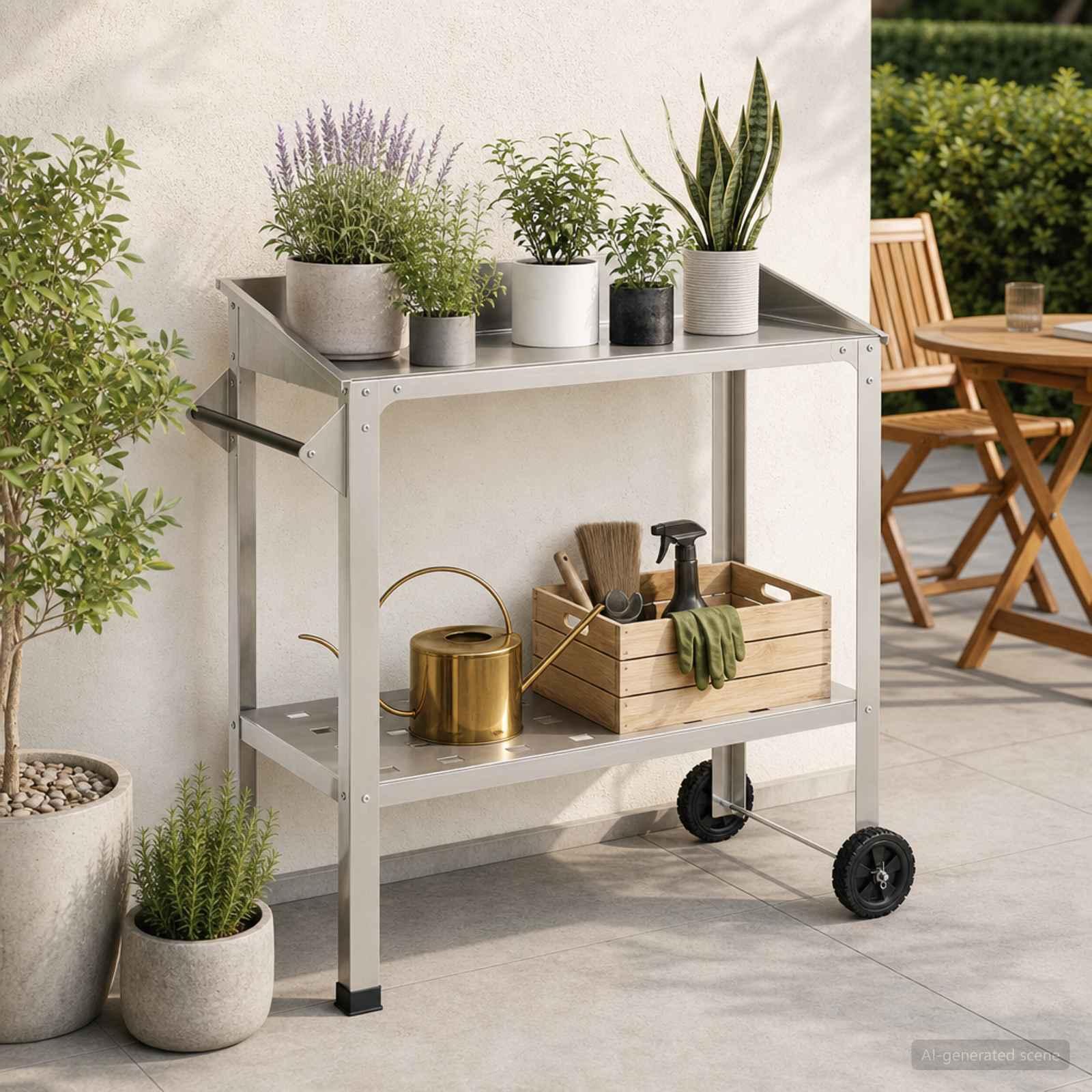 vidaXL Pottebord med hjul 96 x 50 x 89 cm Rustfrit stål Sølv