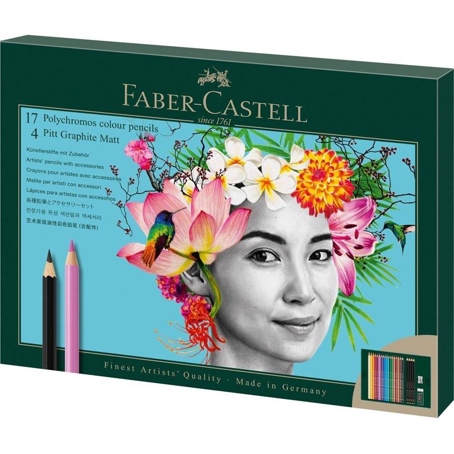 Faber-Castell Polychromos & Pitt Graphite Matt Tegnesæt med 17 Farveblyanter og 4 Grafitblyanter