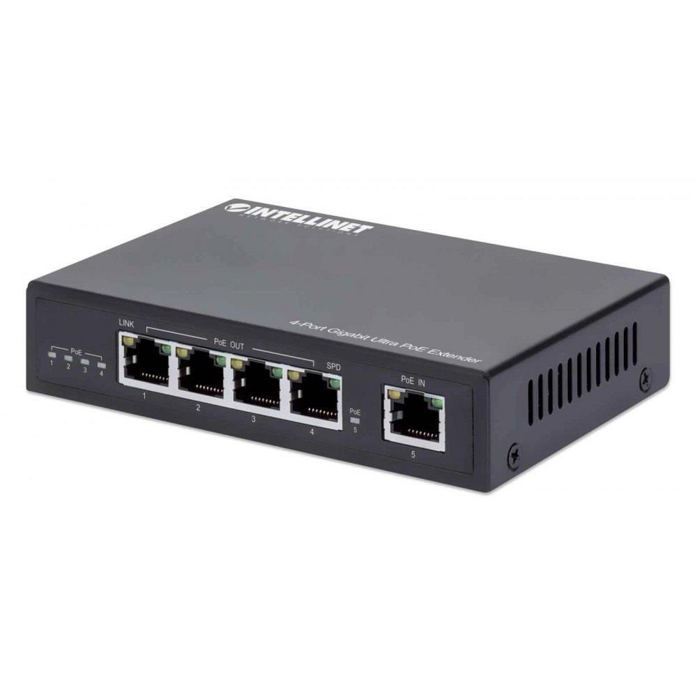 Intellinet 4-Port Ultra Extender, Adds up to 100 m (328 ft.) to Range, 90 W Power Budget, Four PSE Ports up to 30 W Output, IEEE 802.3bt/at/af Compliant, Metal Housing Netværk/strømforlænger