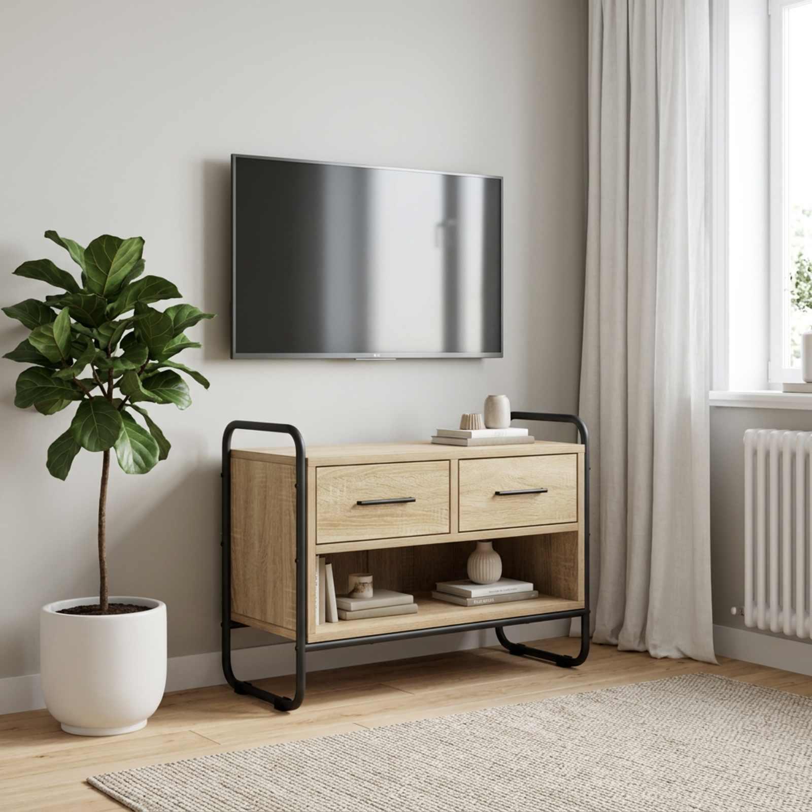 TV-skab med 2 skuffer og hylde 60 x 30 x 50 cm i Sonoma-eg og galvaniseret stål