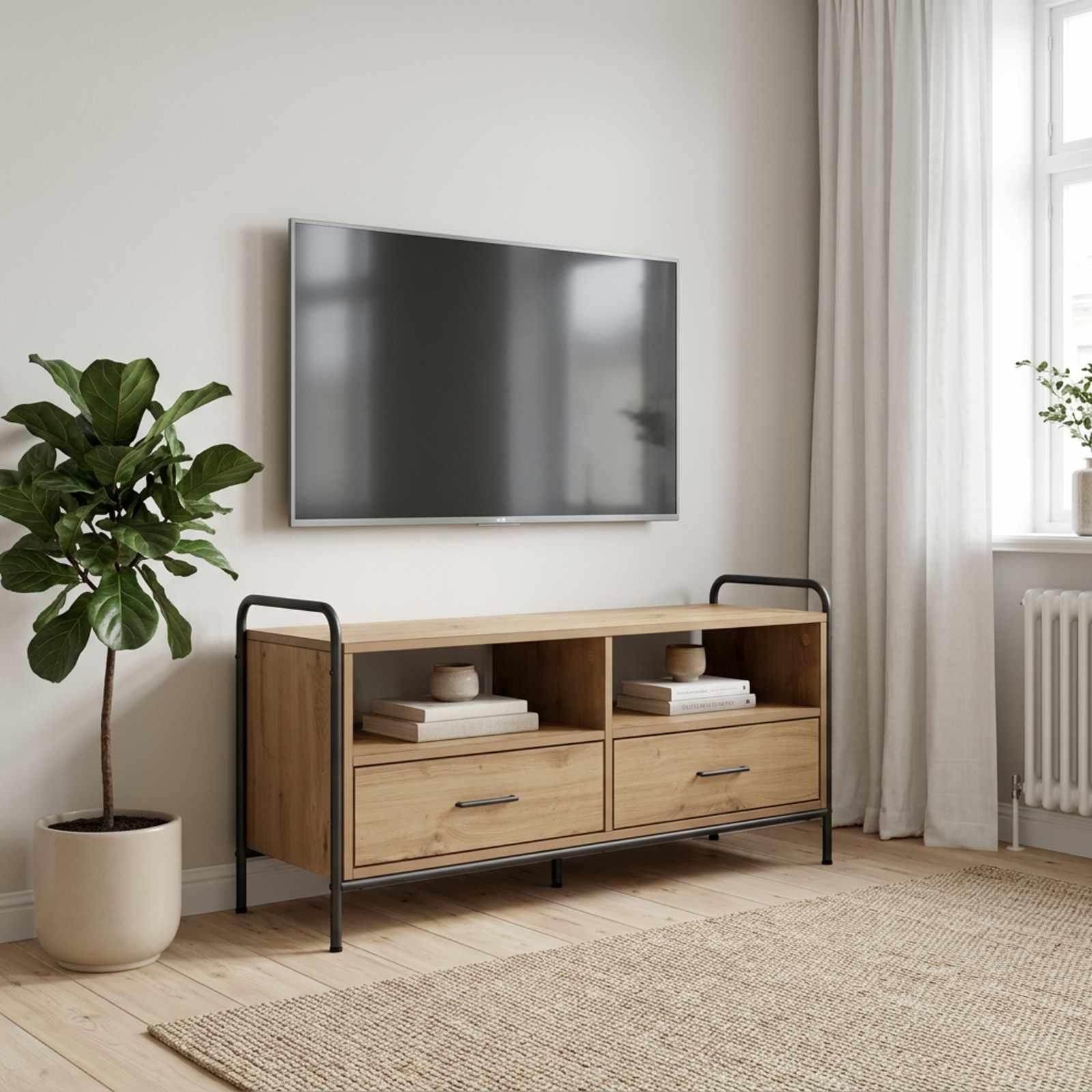 TV-bord med 2 skuffer og 2 åbne rum i Artisan-eg - konstrueret træ og stålramme