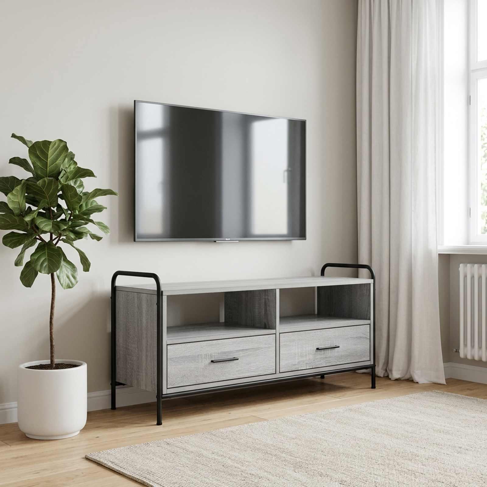 TV-skab i grå sonoma med 2 skuffer og stålramme i moderne design