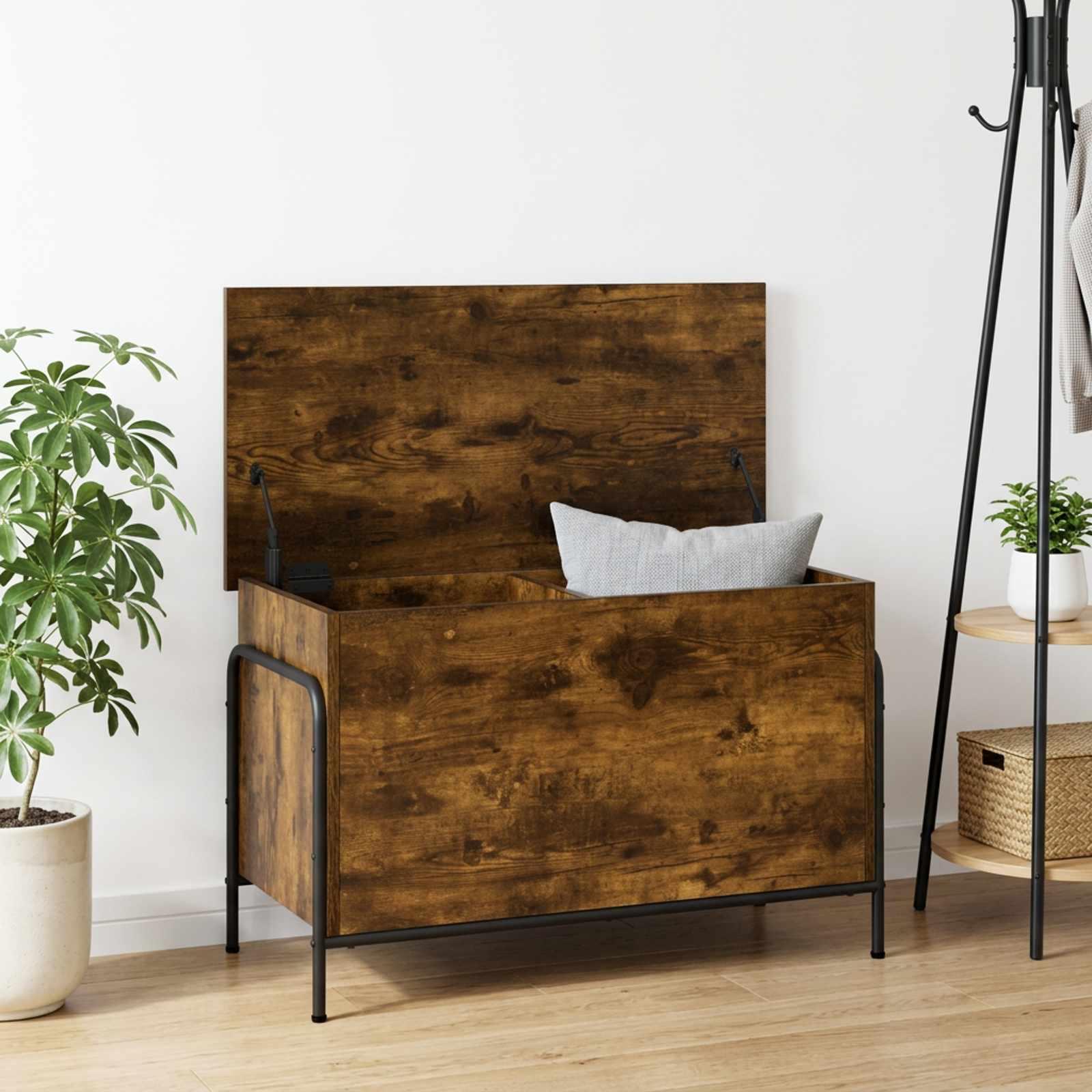 Opbevaringskasse i røget eg 80 x 40 x 49,5 cm i konstrueret træ med galvaniseret stålstel