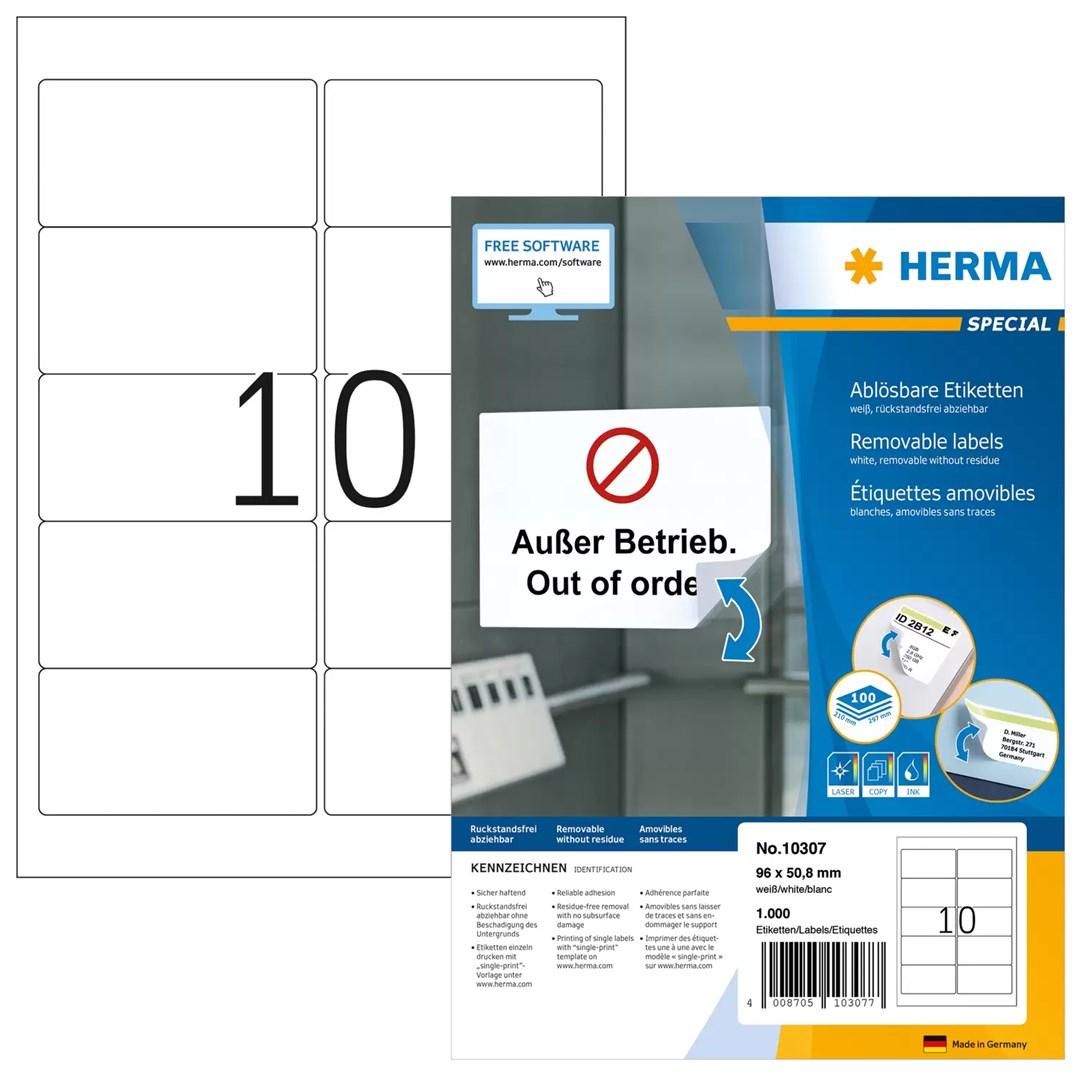 HERMA Special - Papir - mat - genpositionerbar selv-klæbende - hvid - 96 x 50.8 mm 1000 etikette(r) (100 ark x 10) adresseetiketter