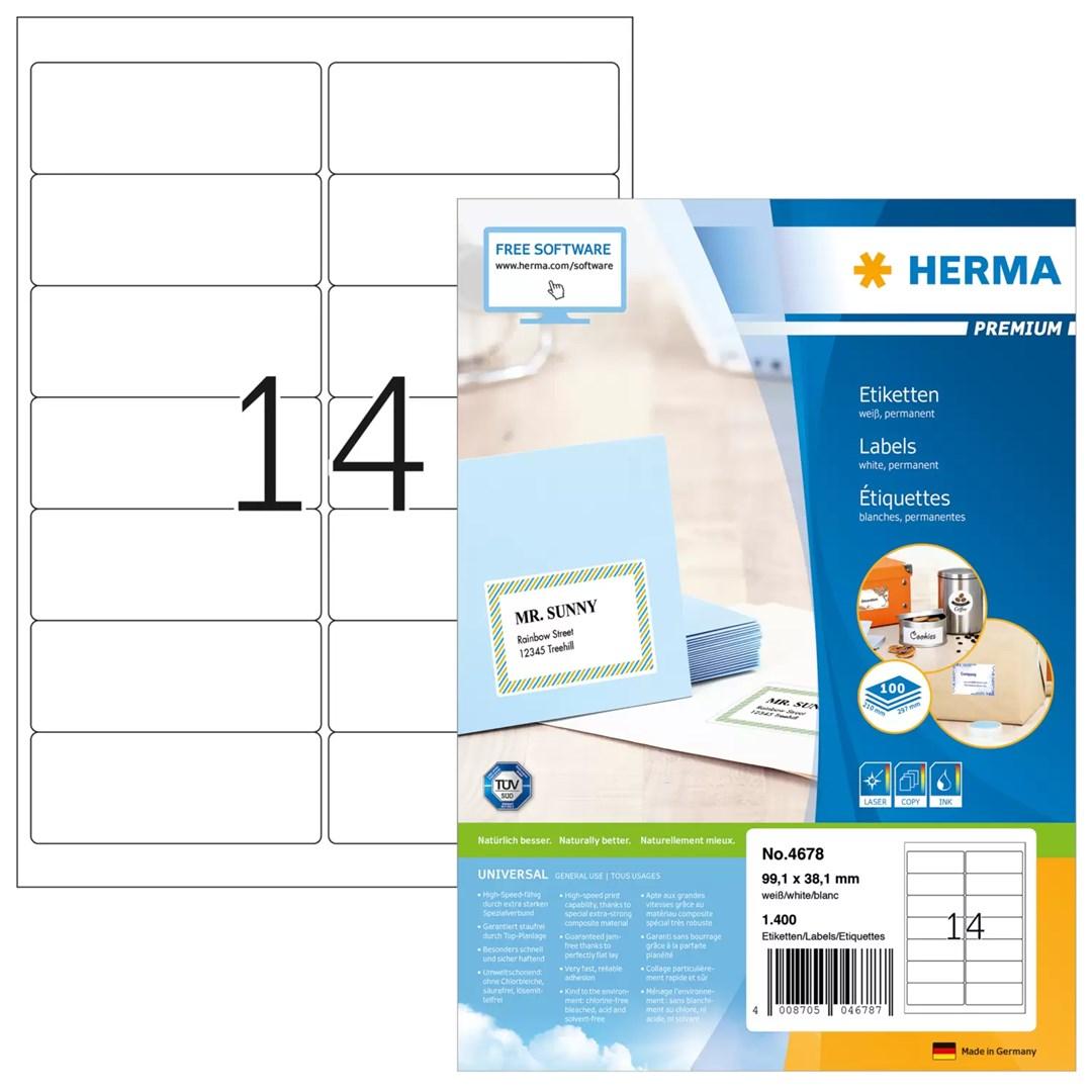 HERMA Premium - Papir - mat - permanent selvklæbende - hvid - 99.1 x 38.1 mm 1400 etikette(r) (100 ark x 14) laminerede adressemærkater